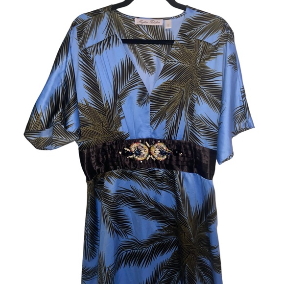 Meghan Fabulous LA Dress Womens Large Blue Palm Print Maxi Beaded Boho Tropical - Picture 3 of 12